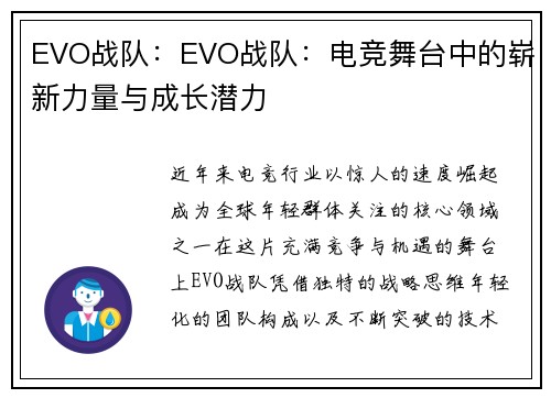 EVO战队：EVO战队：电竞舞台中的崭新力量与成长潜力